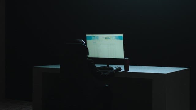 Man using computer in dark, black room