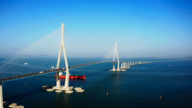 Incheon bridge spanning over a calm sea