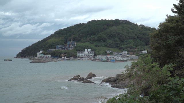 Coastal village with lush green hills