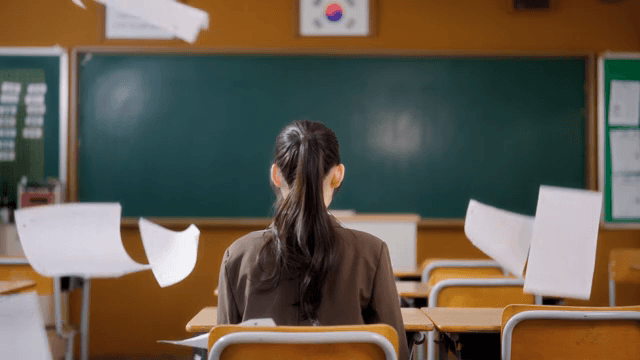 Student sitting in classroom amid falling test papers