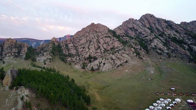 Mountain landscape with yurts