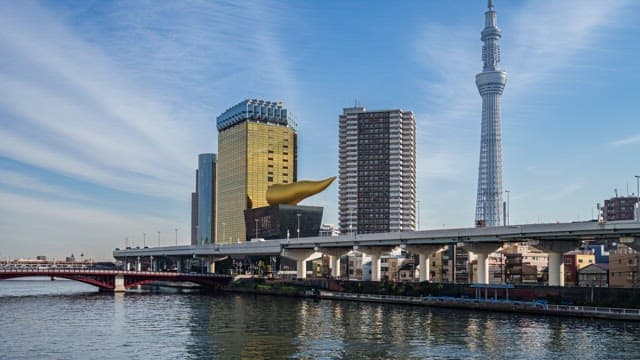 City skyline with iconic tower and river