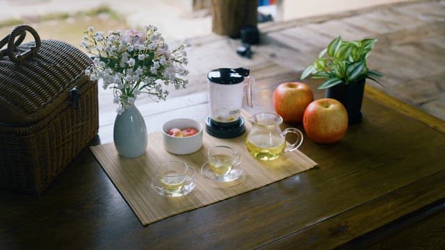 Serene Tea Setting on Wooden Table