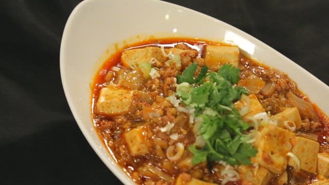 Bowl of mapo tofu with garnish