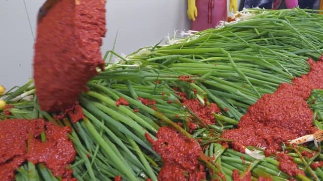 Kimchi seasoning on top of fresh green onions