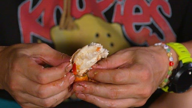 Hands peeling a piece of crab meat