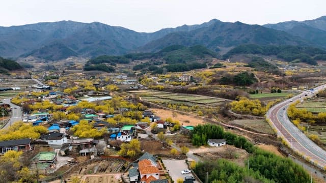 Scenic village surrounded by mountains