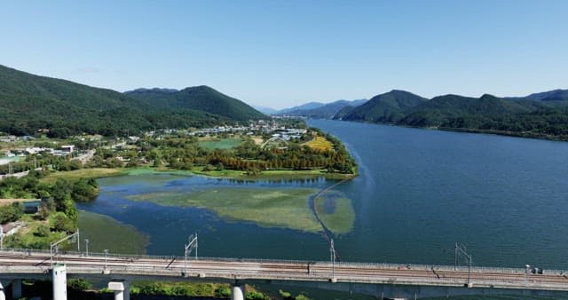 Scenic river with lush green mountains