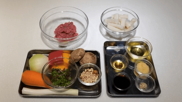 Ingredients for royal tteokbokki placed on the kitchen counter