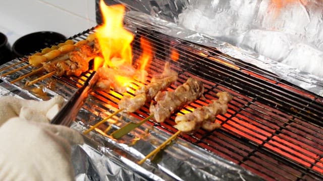 Skewered meat grilling over hot coals