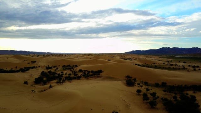 Expansive desert landscape under a cloudy sky