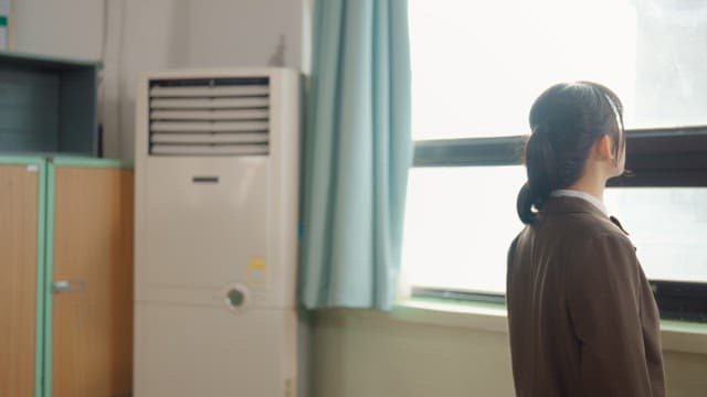 Student looking out the classroom window