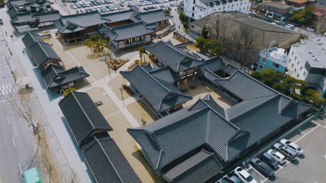 Aerial view of a traditional Korean Hanok village