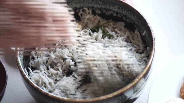 Hand Mixing Rice with Small Anchovies in a Ceramic Bowl