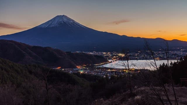 Cityscape with a Mount Fuji at dusk