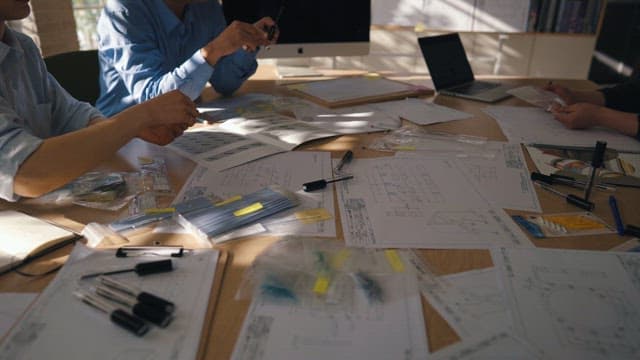 Team Collaborating on Technical Drawings