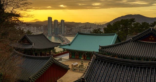 Tranquil temple view from evening to night