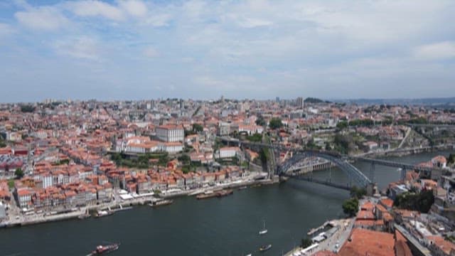Historic Riverside Cityscape with Buildings with Red Rooftops on a Clear Day