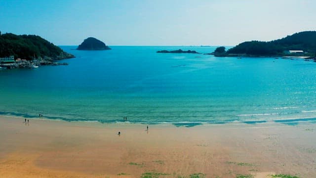 Tranquil Emerald Colored Beach Cove with Visitors