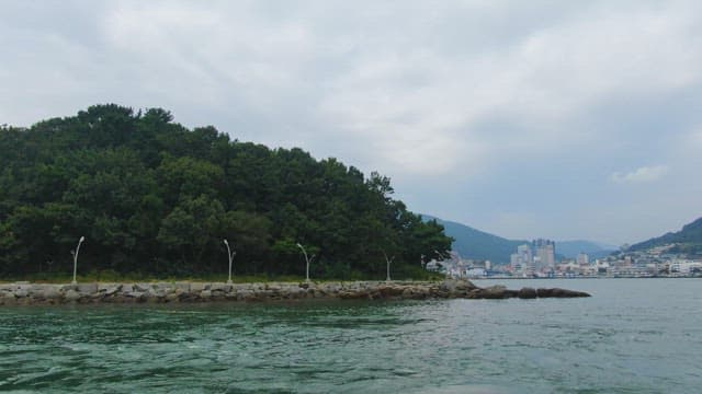 Forested island with a rocky shoreline
