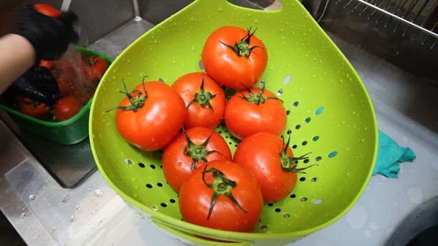 Carefully washing and slicing fresh tomatoes in a kitchen