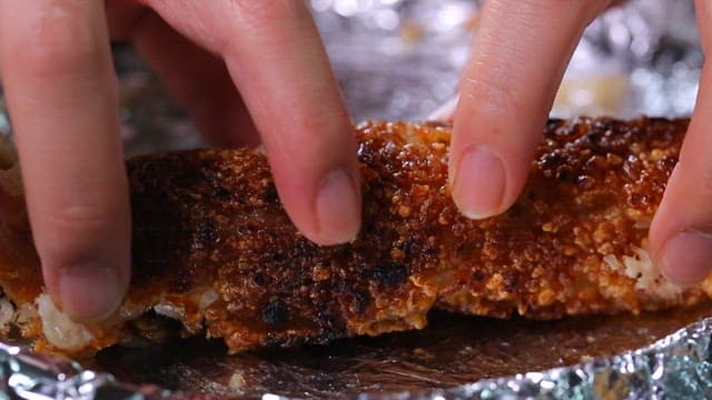 Split crispy, golden brown nurungji on foil