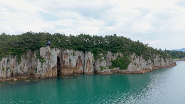Tranquil coastal cliffs surrounded by green forests and blue sea