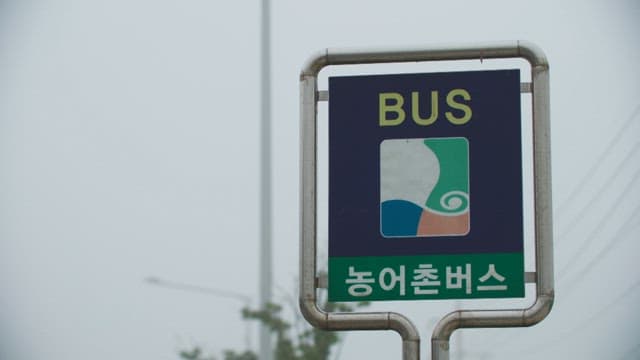Bus stop sign on a foggy day