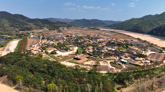 Traditional Korean house village surrounded by mountains