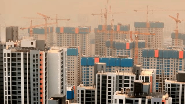 Apartment complex in a city with heavy yellow dust