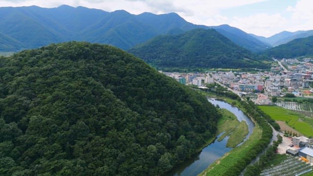 Lush green mountain with a tranquil river