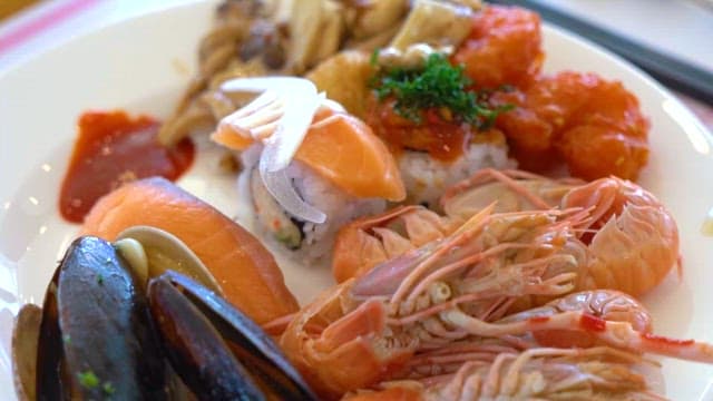 Assorted Sushi and Seafood on a Plate