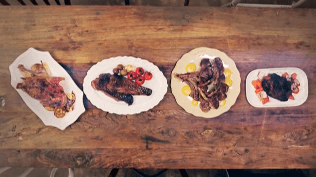 Assorted dishes displayed on a wooden table