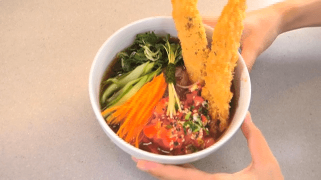 Delicious Salmon Tomato Noodles in a Bowl
