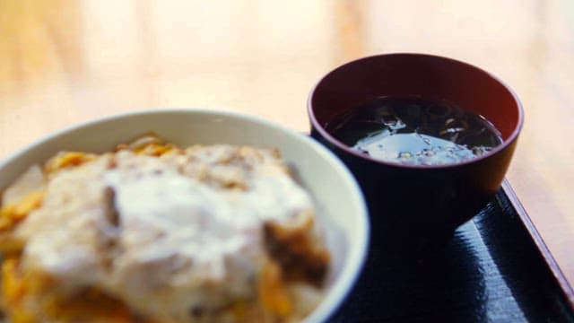 Appetizing katsudon on a tray