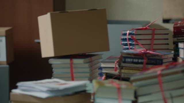 Stacked Boxes and Books in an Office