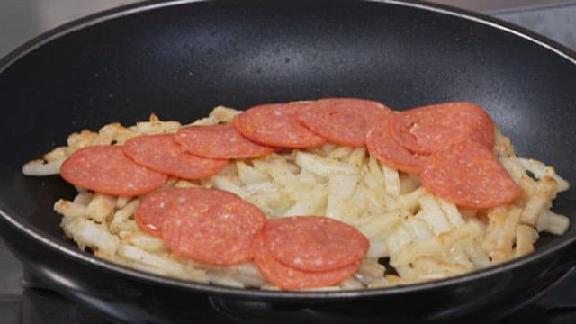 Put Pepperoni on Top of Golden Brown Potato Pancakes