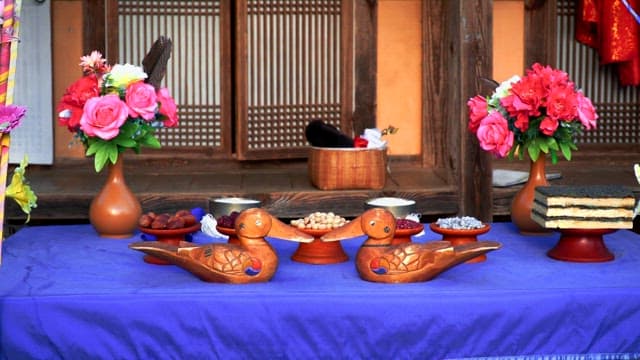 Traditional Korean table setting for a wedding ceremony