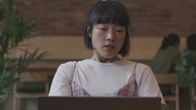 Woman working on a laptop in a cozy cafe