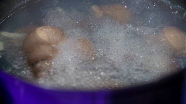 Boiling sea snails in a pot with steam rising
