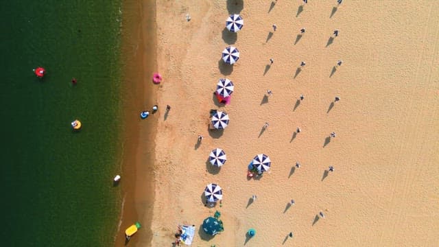 Serene Beach Day with Sunbathers and Swimmers