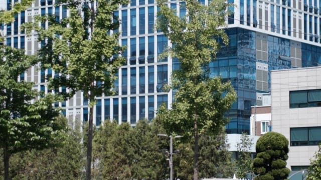 Modern cityscape with lush green trees