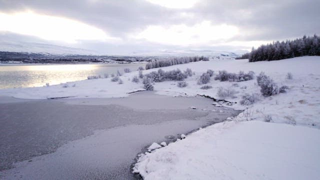Snow-covered landscape with a frozen lake
