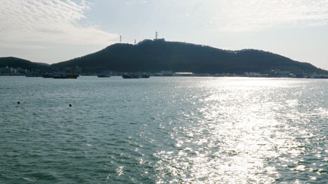Coastal view with boats near the harbor and a hill