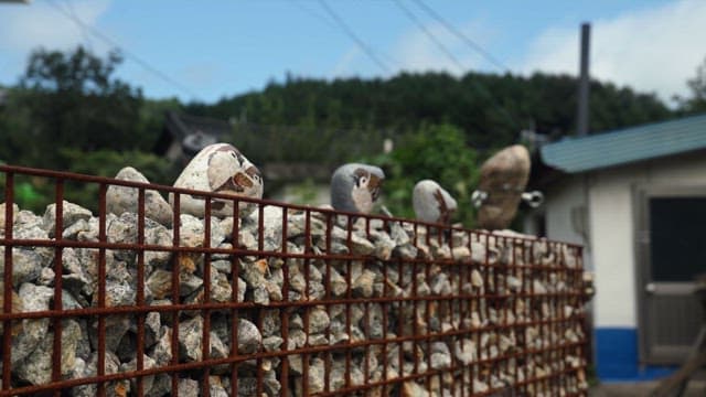 Stone decorations on a rustic fence outside a countryside house under clear sky