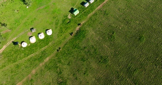 Vast grassland with yurts