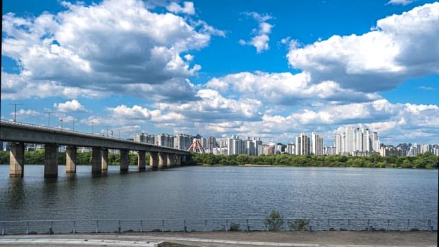 Bridge over a river with city skyline