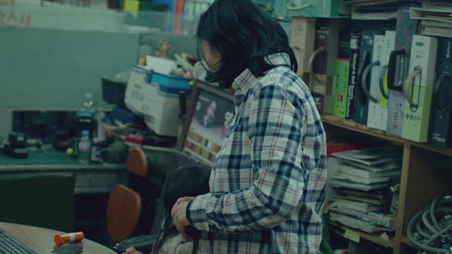 Woman urgently looking for something in a messy room