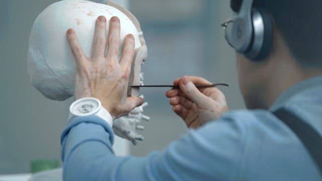 Person reconstructing a human face using a skull model