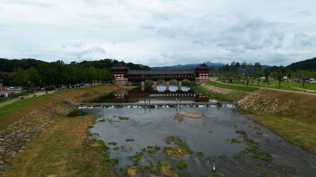 Traditional Korean bridge over a river